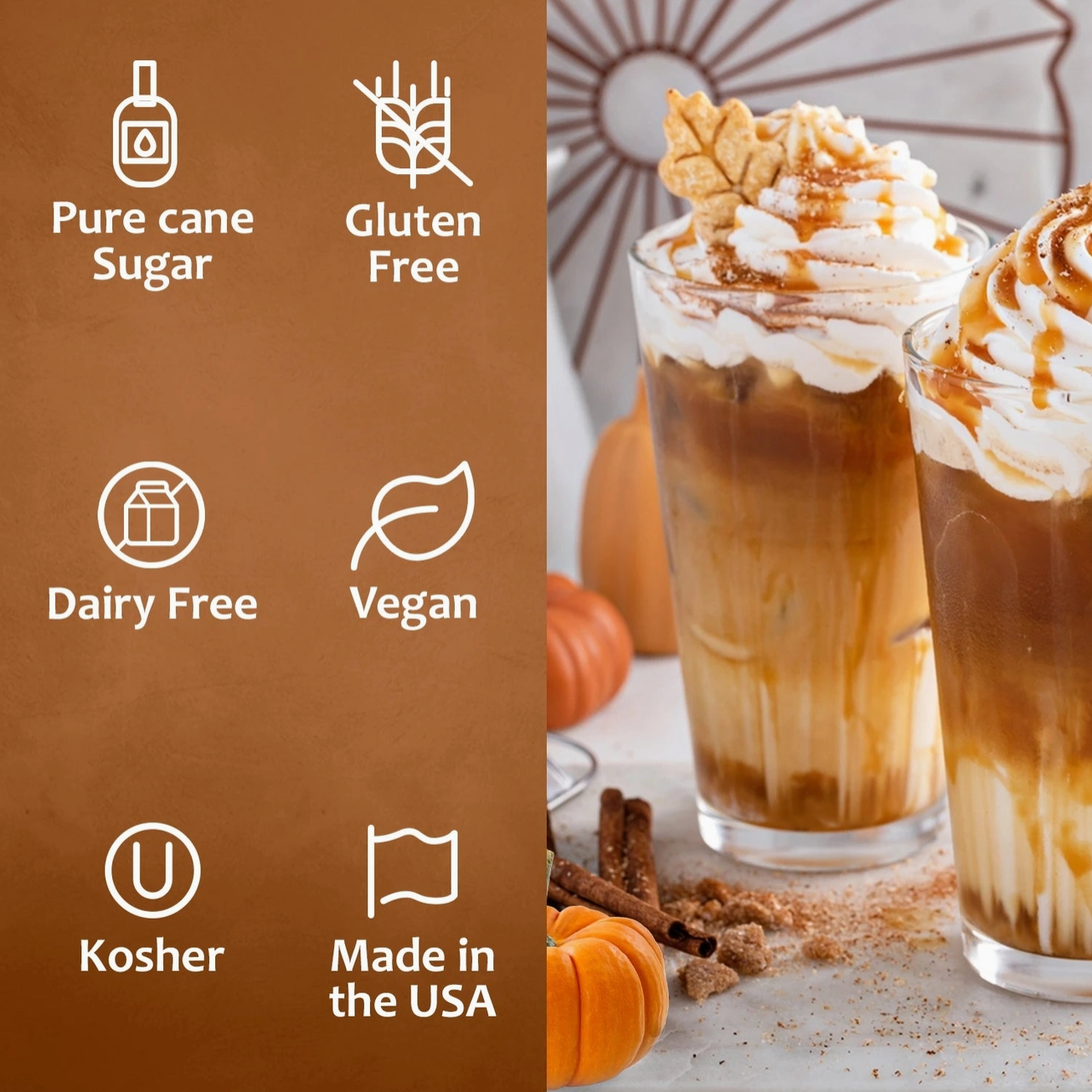 Two pumpkin spice lattes with dietary and origin icons on a brown background