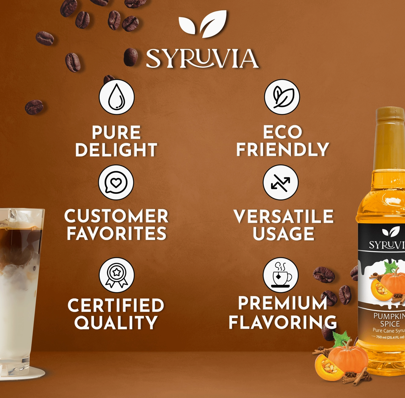 SYRUVIA product with features listed on a brown background