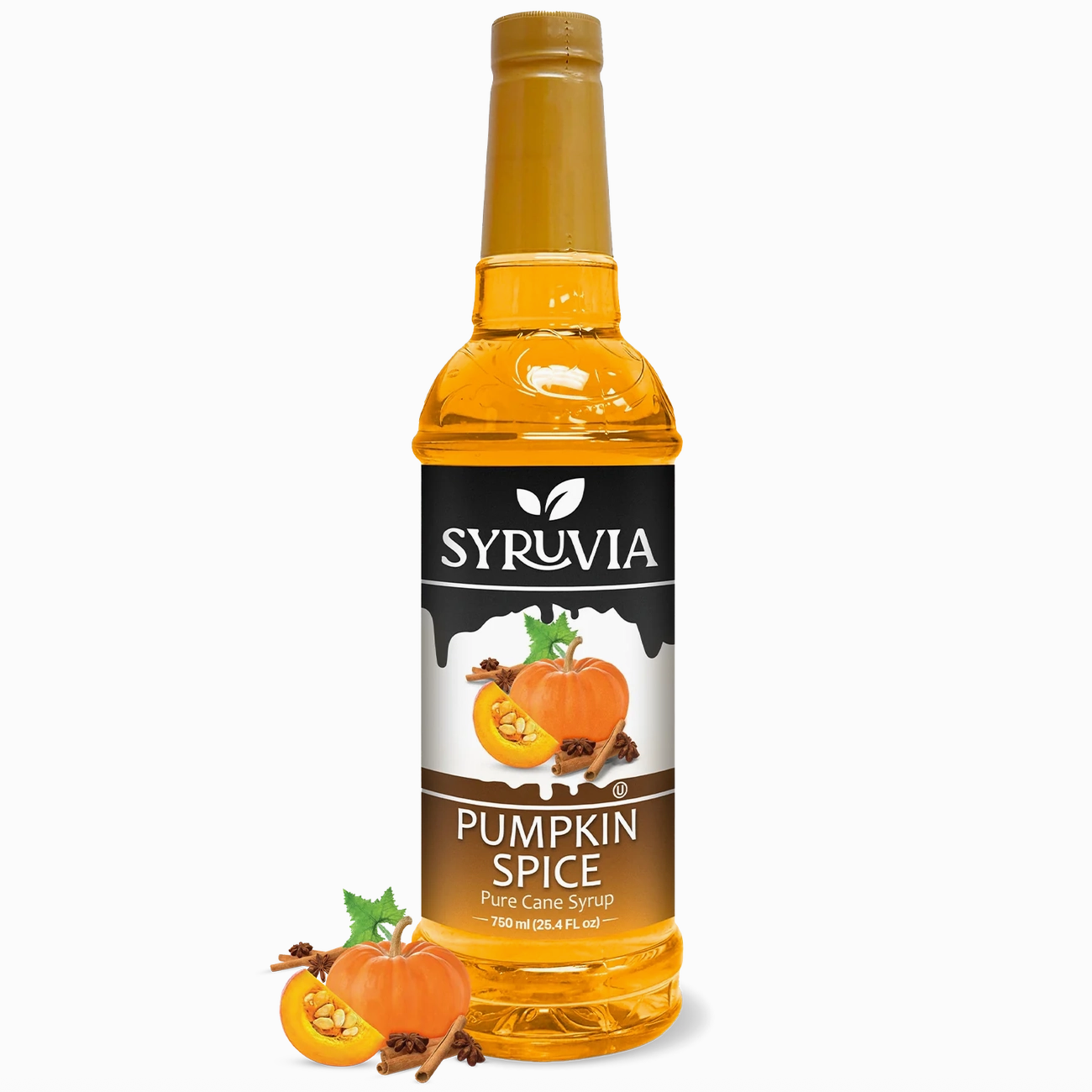 Bottle of Syruvia Pumpkin Spice syrup on a white background