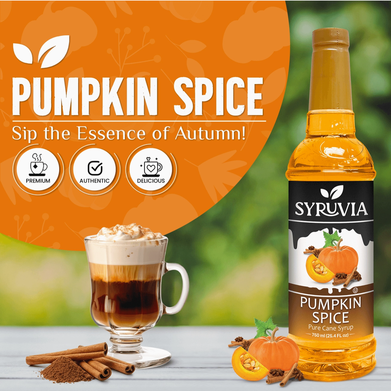 Syruvia Pumpkin Spice syrup bottle with a cup of coffee and autumn-themed elements on an orange background.